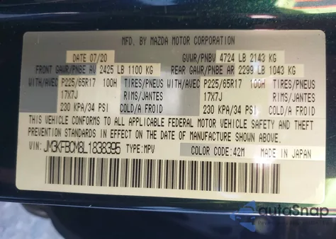 2020 Mazda Cx-5 Touring z USA, uszkodzony, nr VIN JM3KFBCM8L1838395